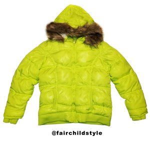 JUSTICE Neon Yellow-Green Puffer Coat - Size 18 Kids/Size S Adult